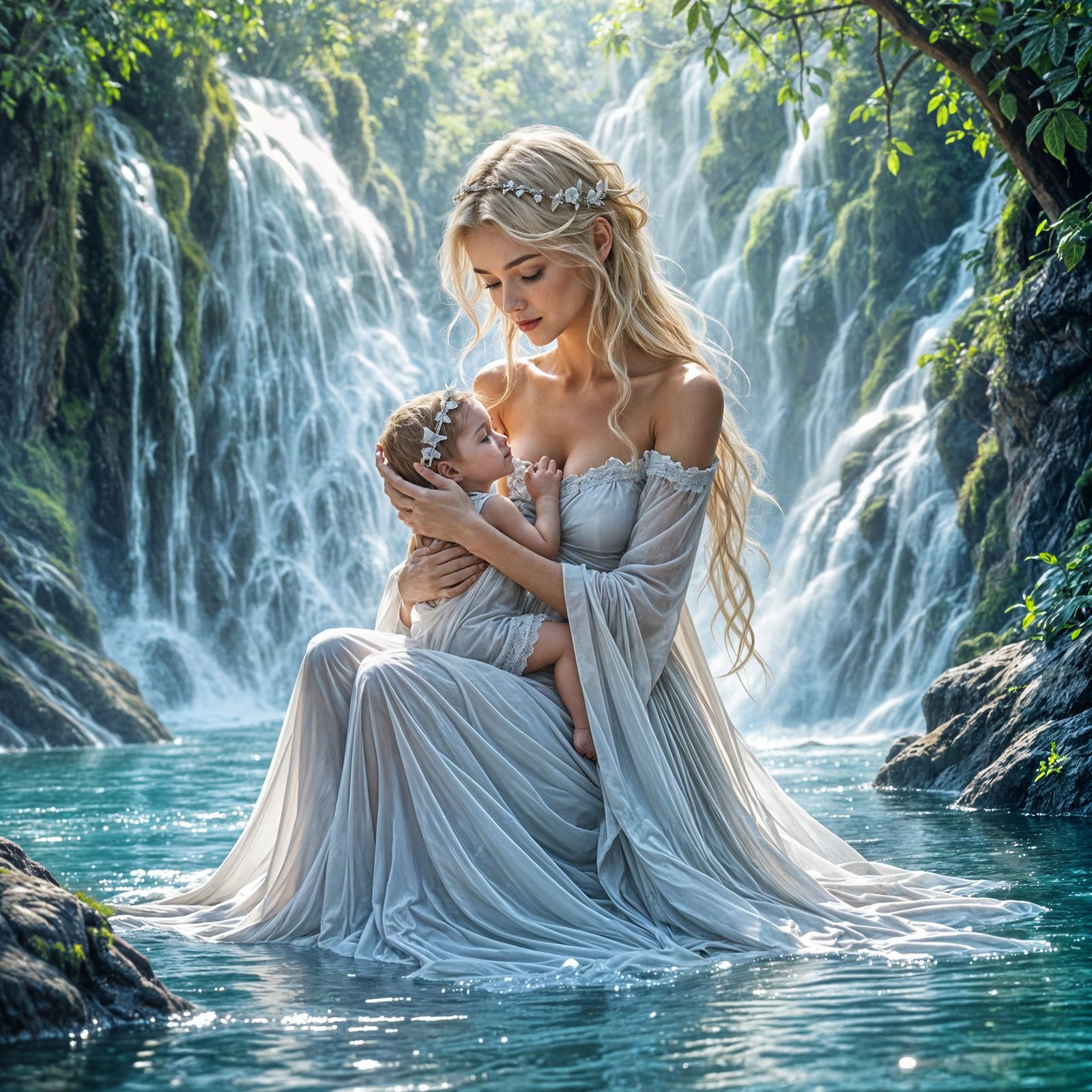 Ethereal Fairy Princess Bathed in Waterfall