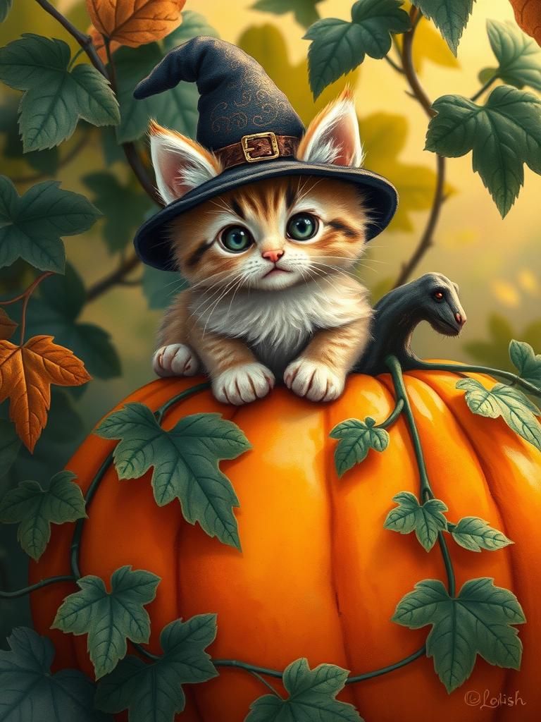 Kitten Witch on Pumpkin in Watercolor Style