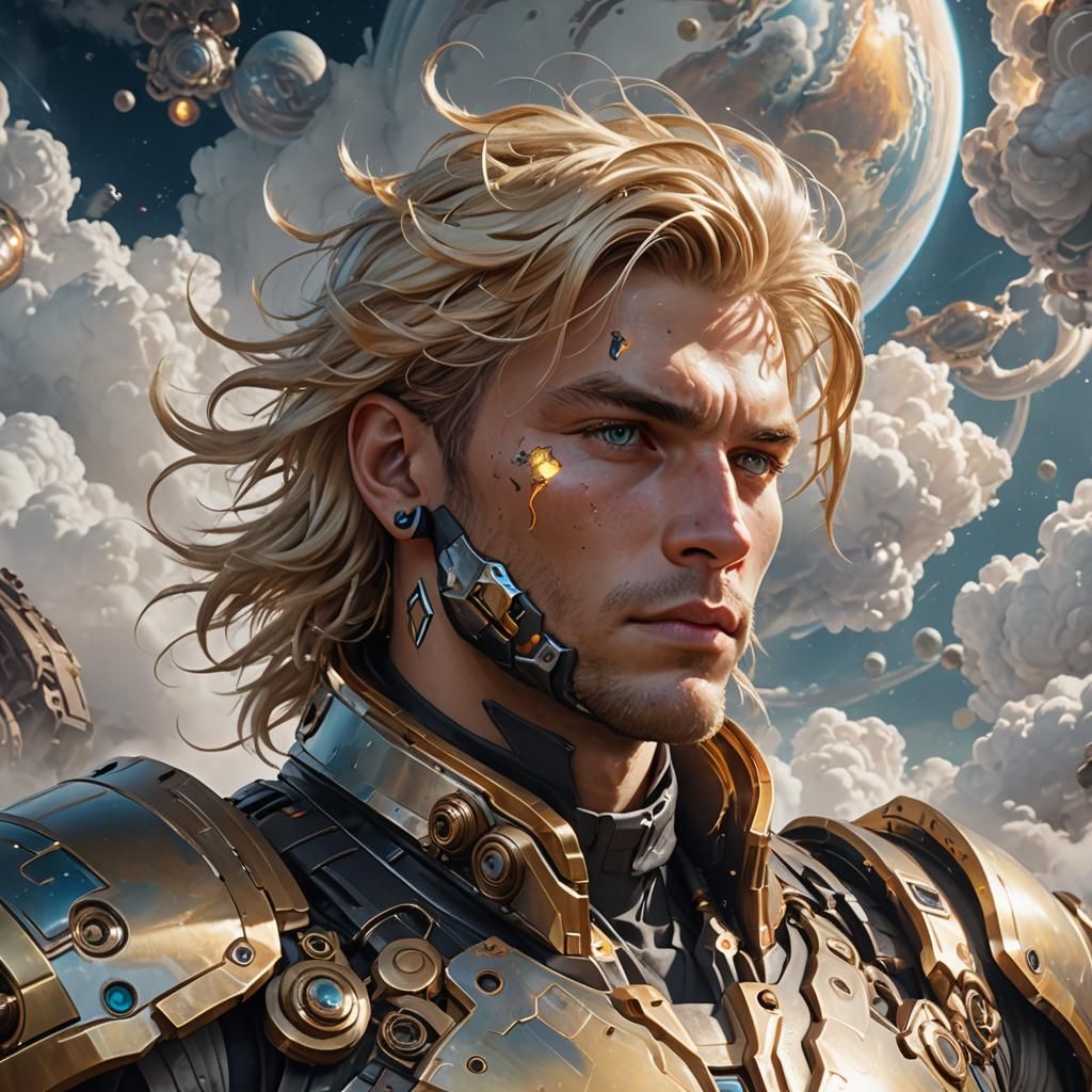 Cyborg Drifting Through Jupiter Clouds