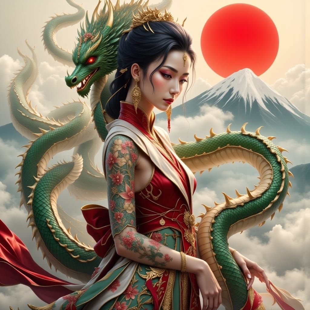 Japanese Woman With Coiling Dragon Parchment Art