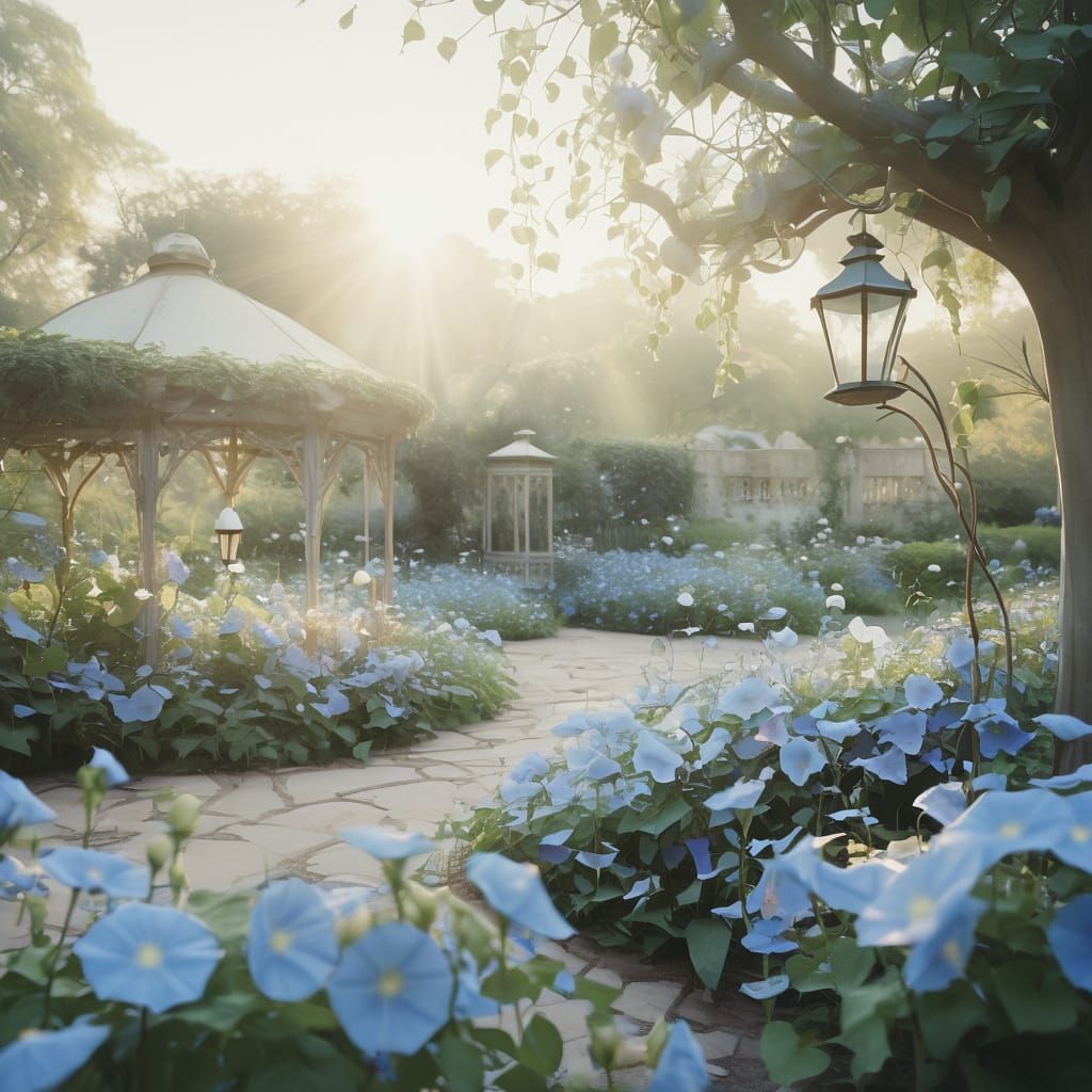 A dreamlike indigo-themed botanical garden bathed in soft tw...