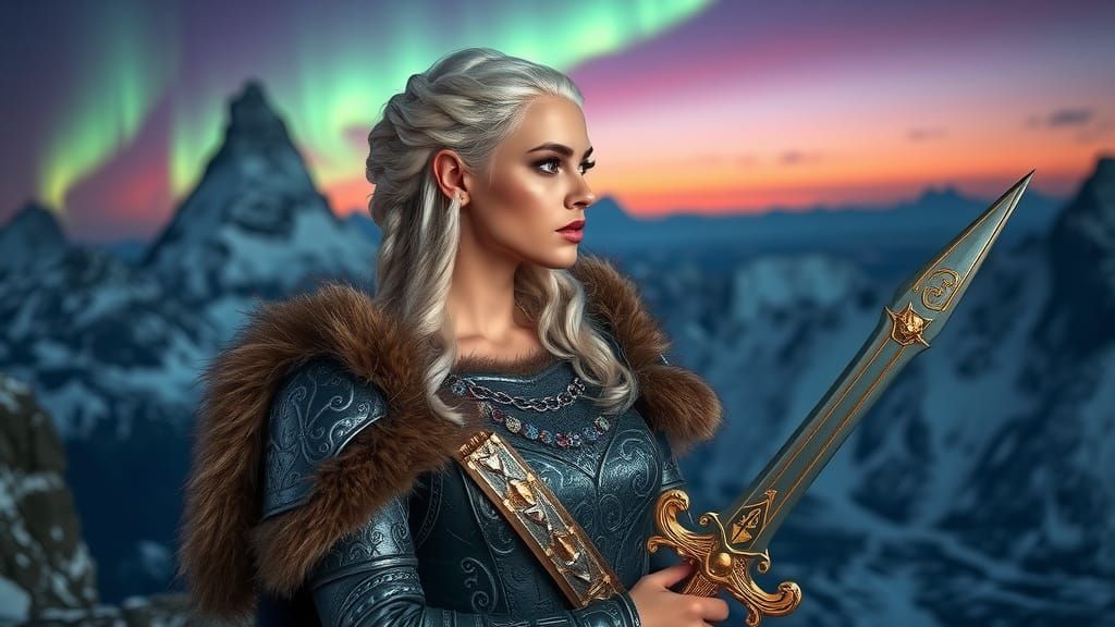 Viking Warrior on Windswept Cliff with Sword