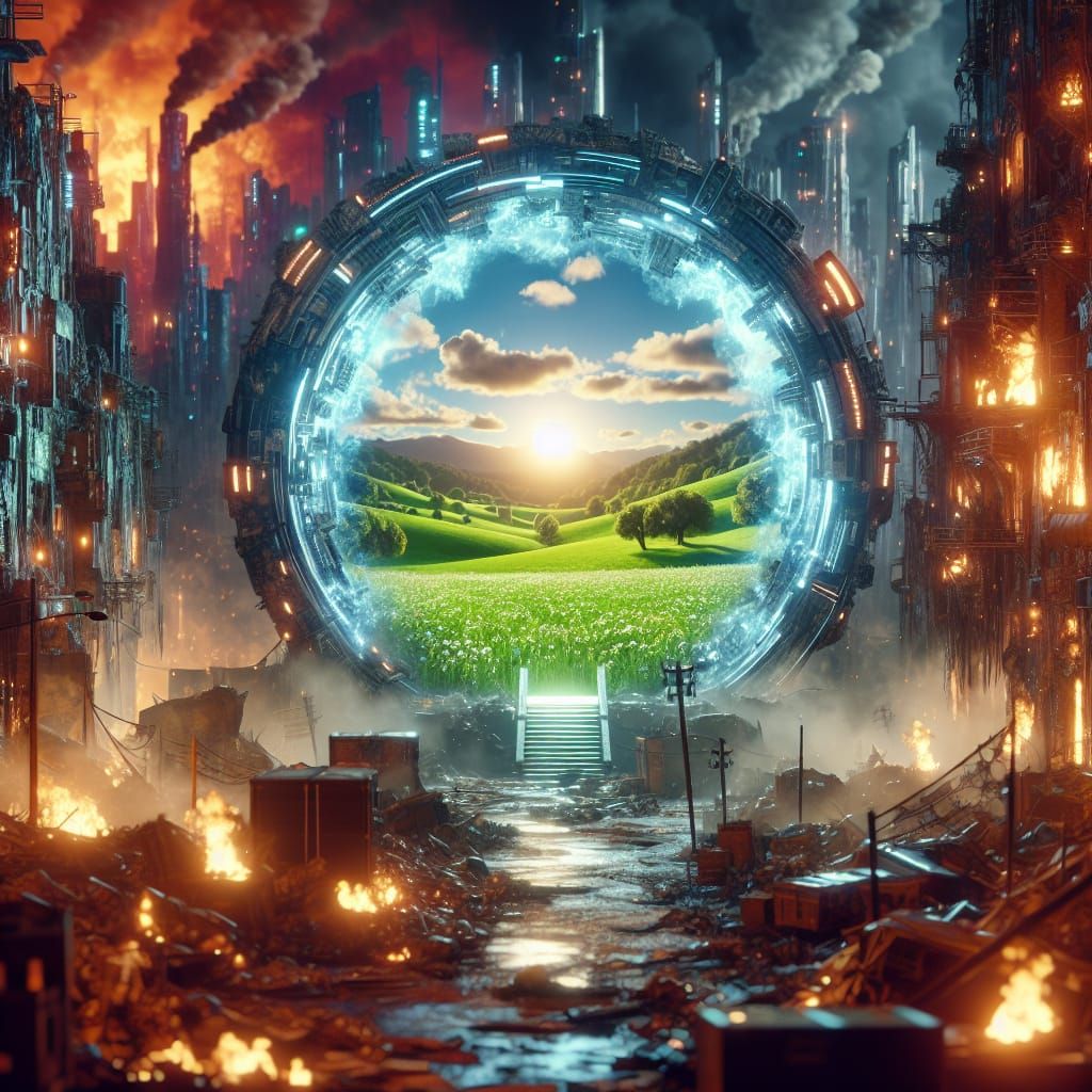 Dystopian City Portal to Green Countryside