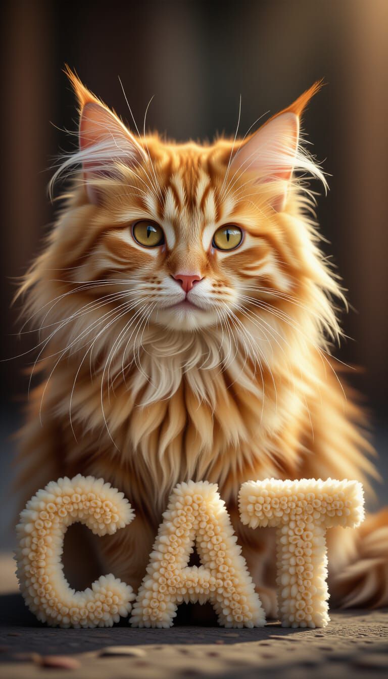 Fluffy Ginger Cat Composed of "CAT" Lettering