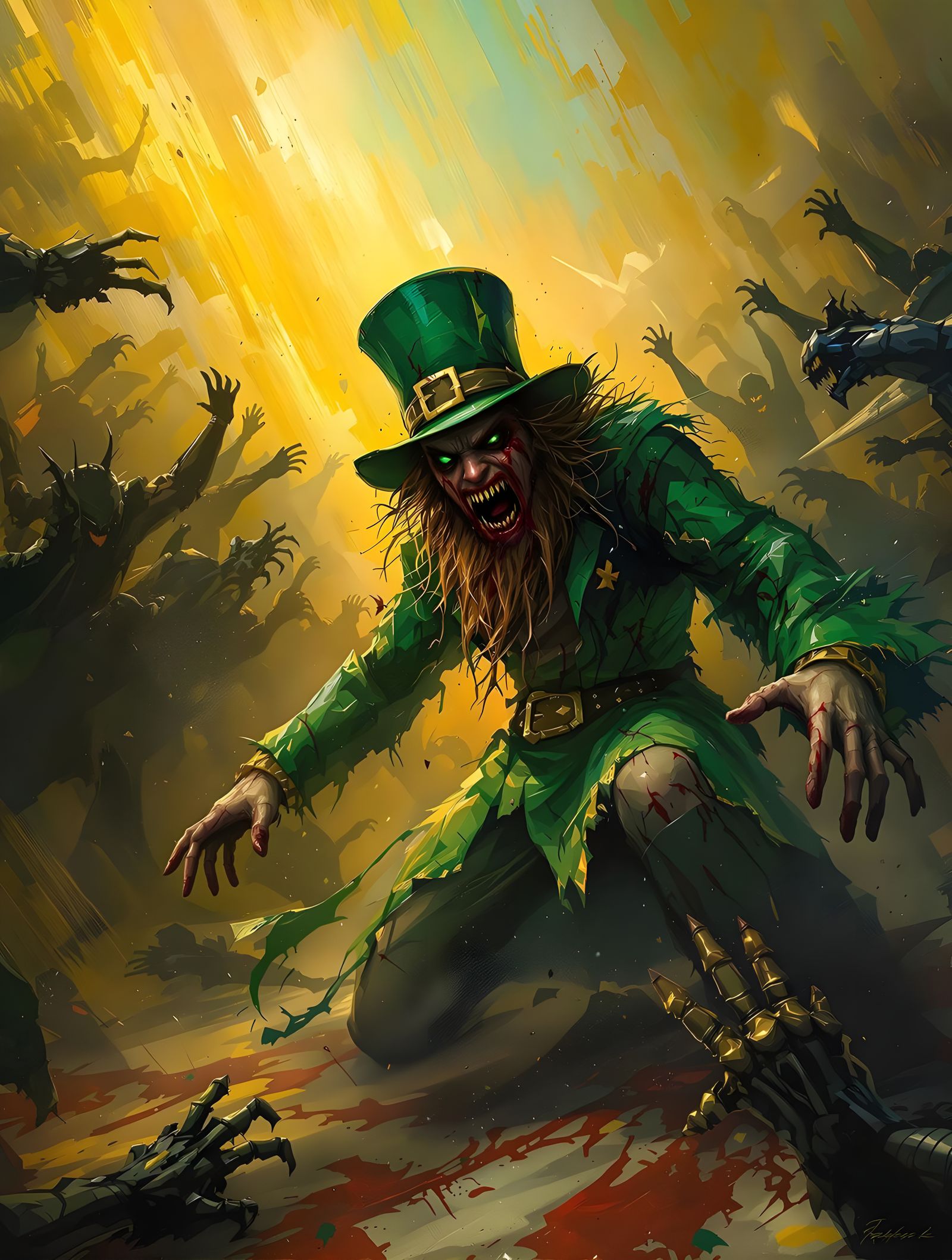 Frenzied Leprechaun Beset by Chaotic Mob at End of Rainbow