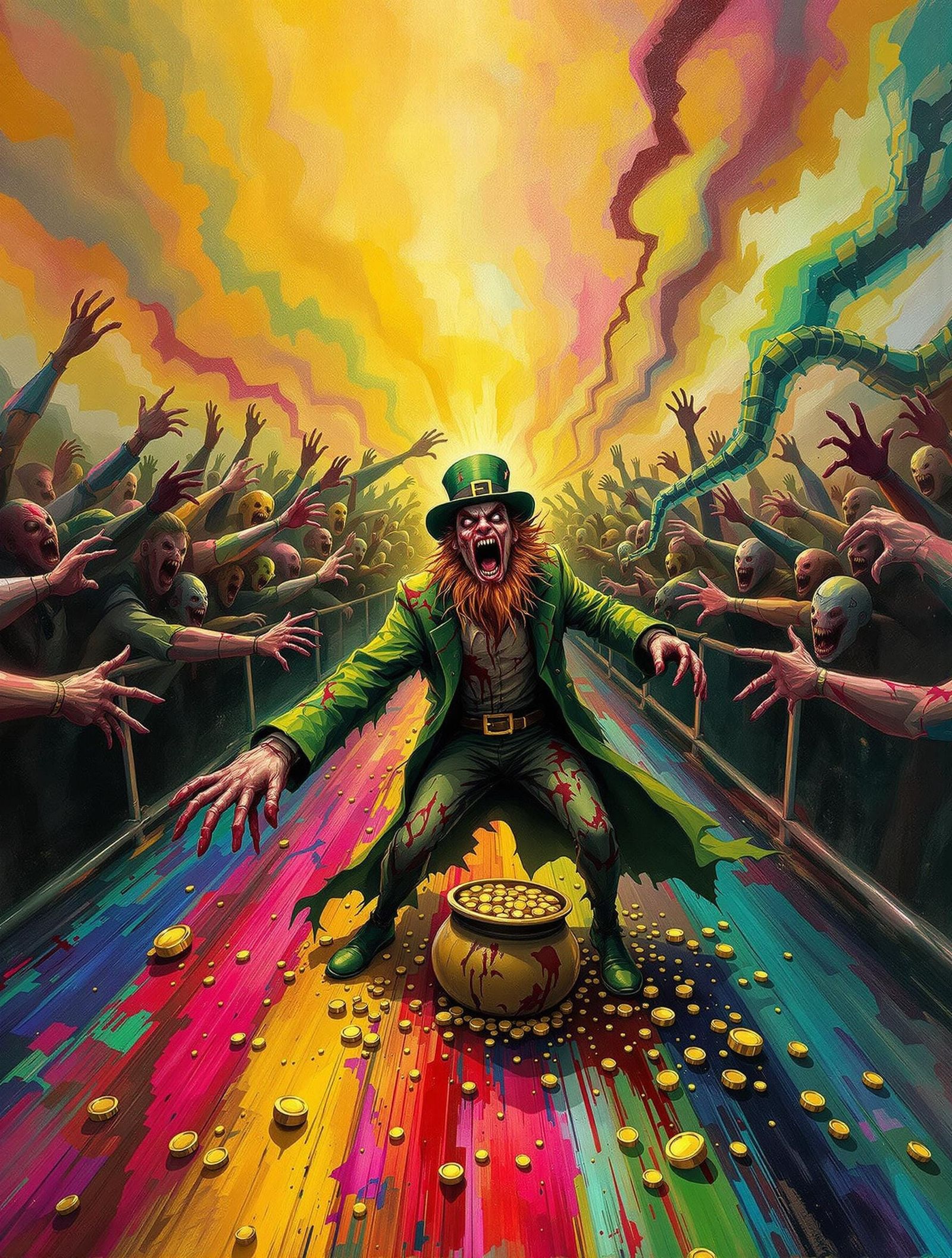 Surreal Leprechaun Confronts Mob in Vibrant, Nightmarish Lan...