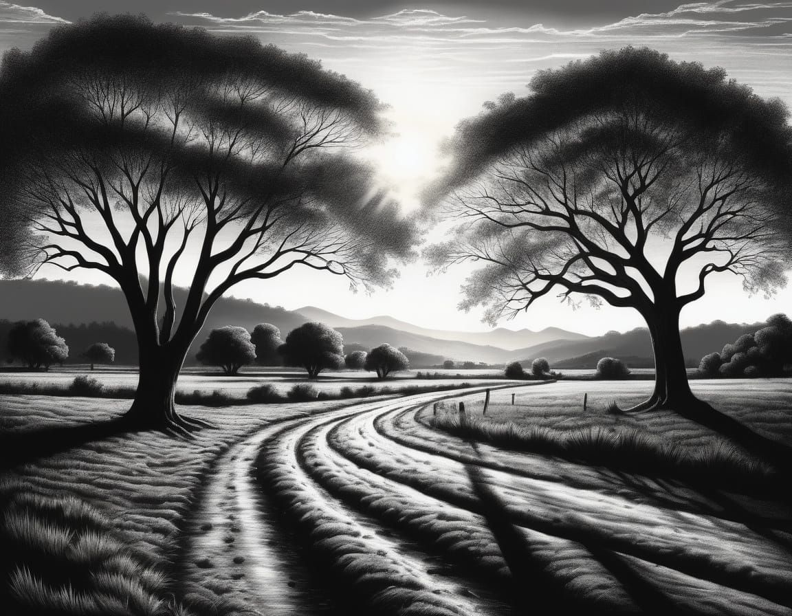 Golden Western Countryside Panorama in Charcoal Style