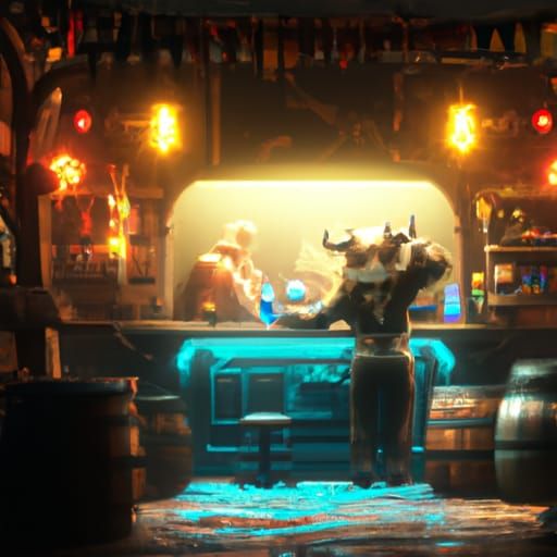 Bartender Cow in Dimly Lit Bar