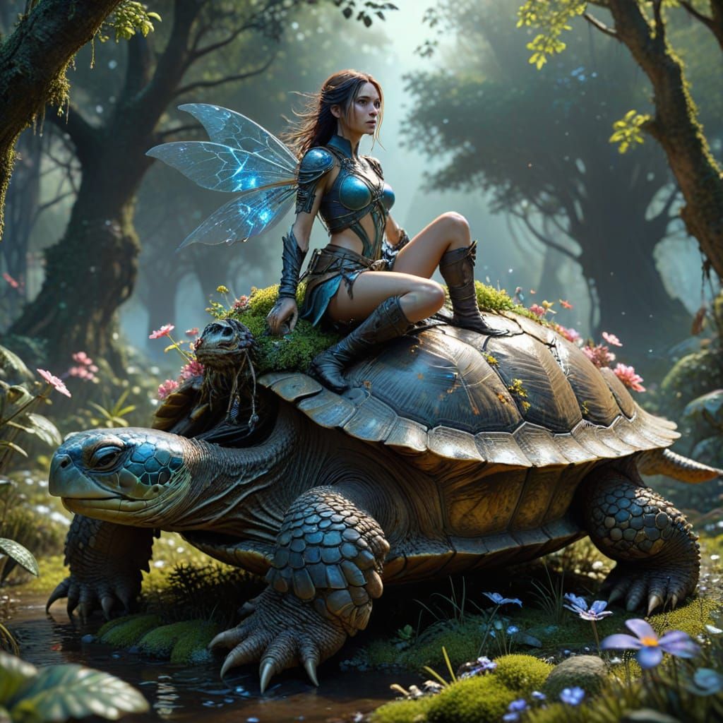 Fairy Riding Armored Turtle in Enchanted Forest