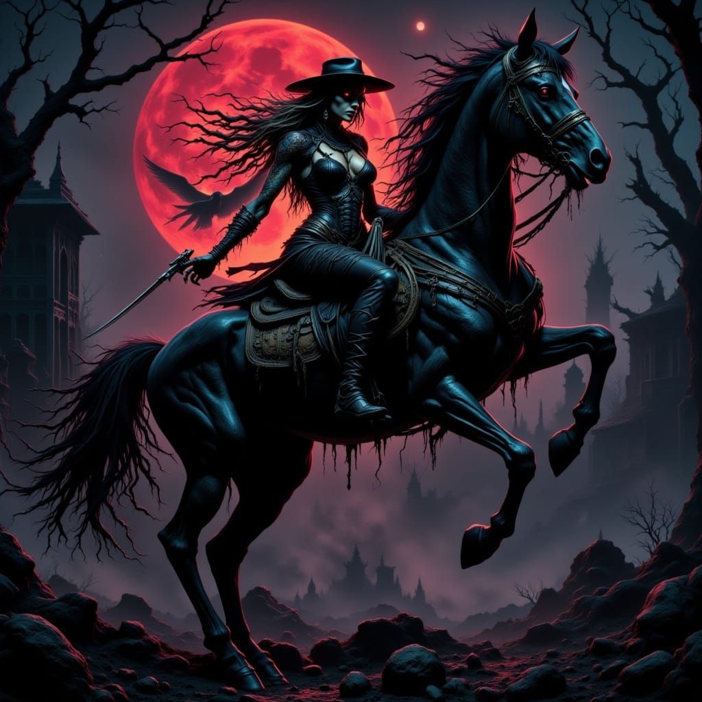 Dark Fantasy Zorro Cowgirl in Action with Rearing Horse