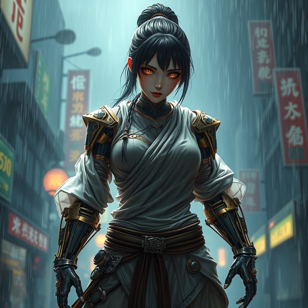 Cyborg Monk in Storm, Anime-Inspired 3D Art