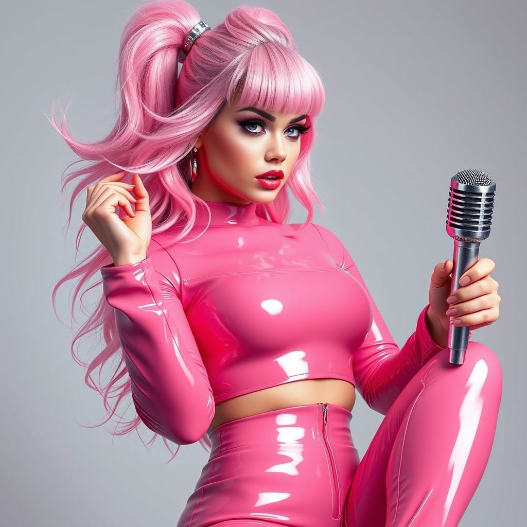 ultra-realistic futuristic popstar with pastel pink hair (#F...