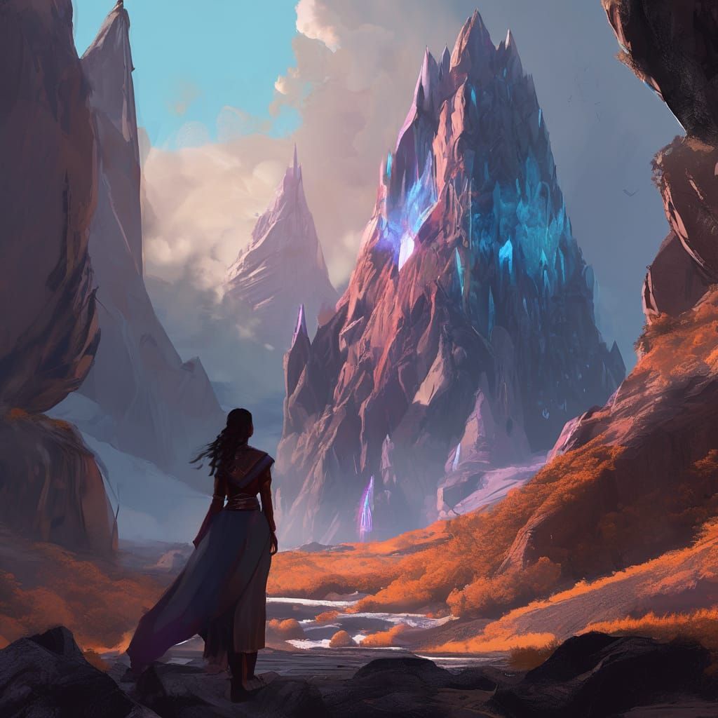 Sorceress Before Crystal Mountain in Fantasy Concept Art Sty...