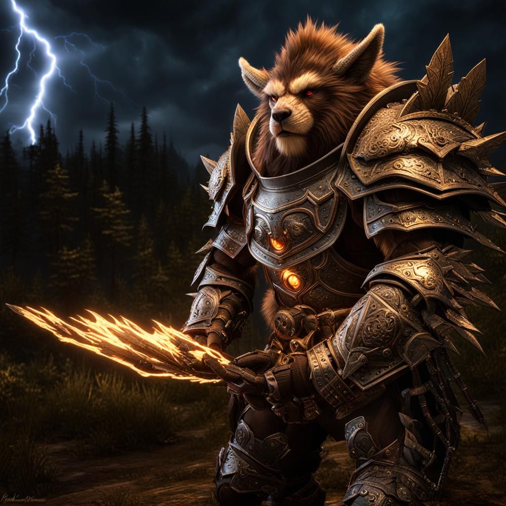 Plate armor wearing bugbear with lightning crackling from th...