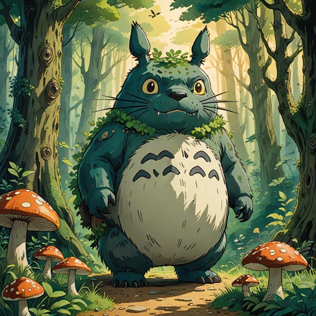 Whimsical Fantasy Scene with Totoro in a Dreamy Forest