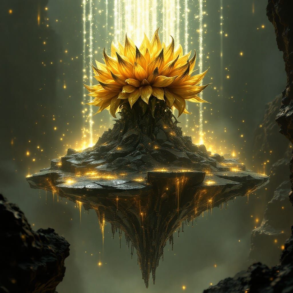 Biomechanical Sunflower Blooms on Obsidian Island
