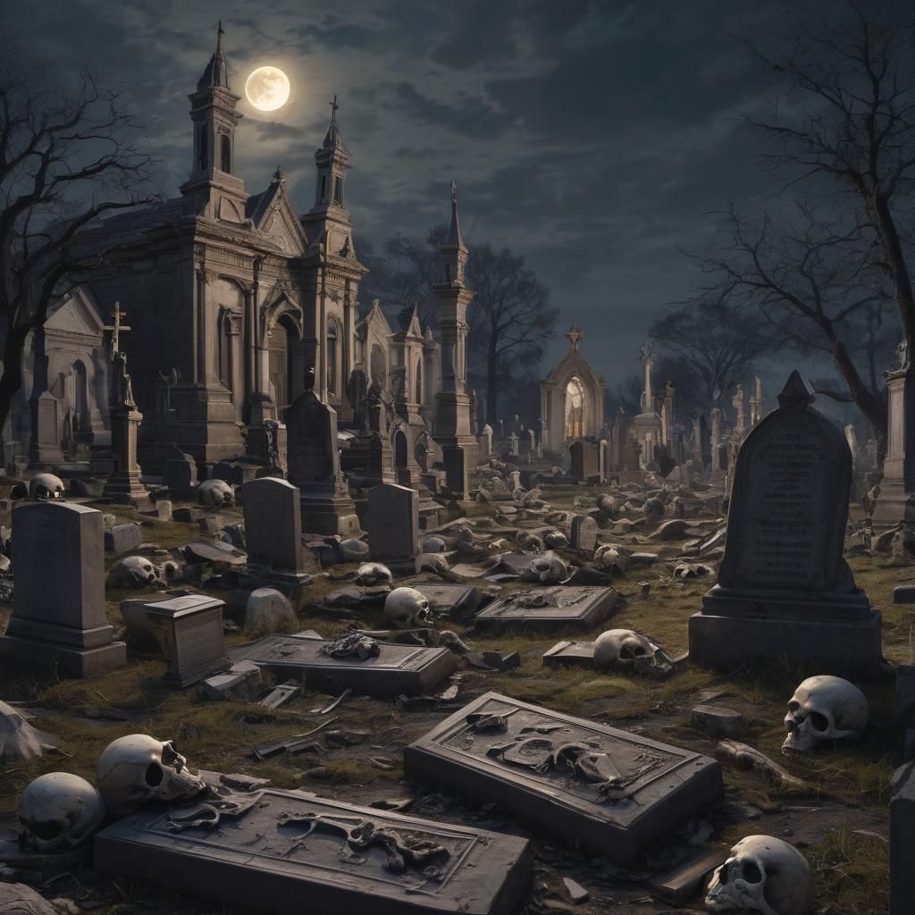 Sinister Bone Cathedral in Cemetery at Night