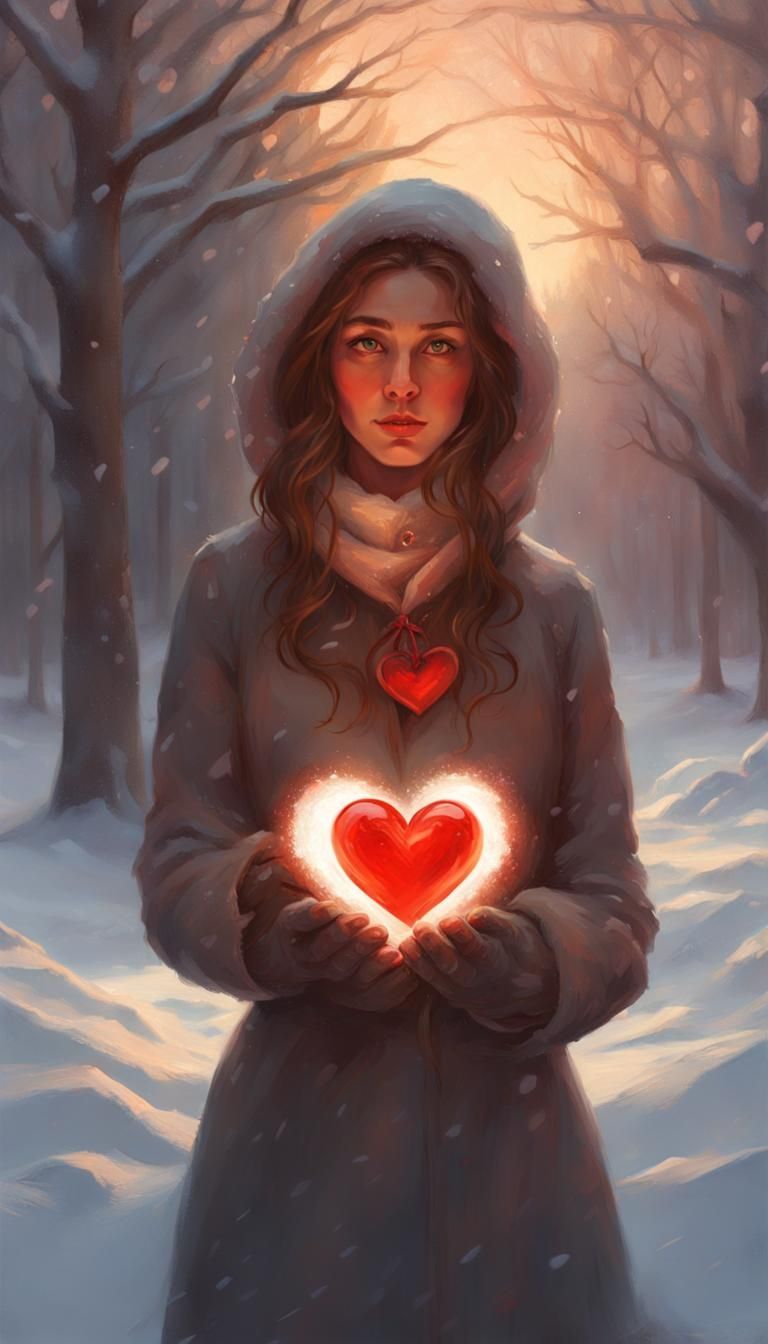 Woman Holding Heart in Snowy Landscape, Digital Painting