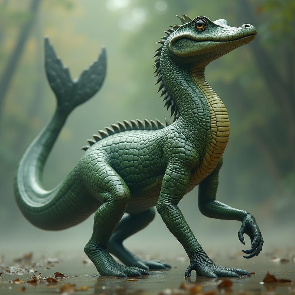 Moss-Green Reptilian Hybrid with Whale Tail and Giraffe Neck