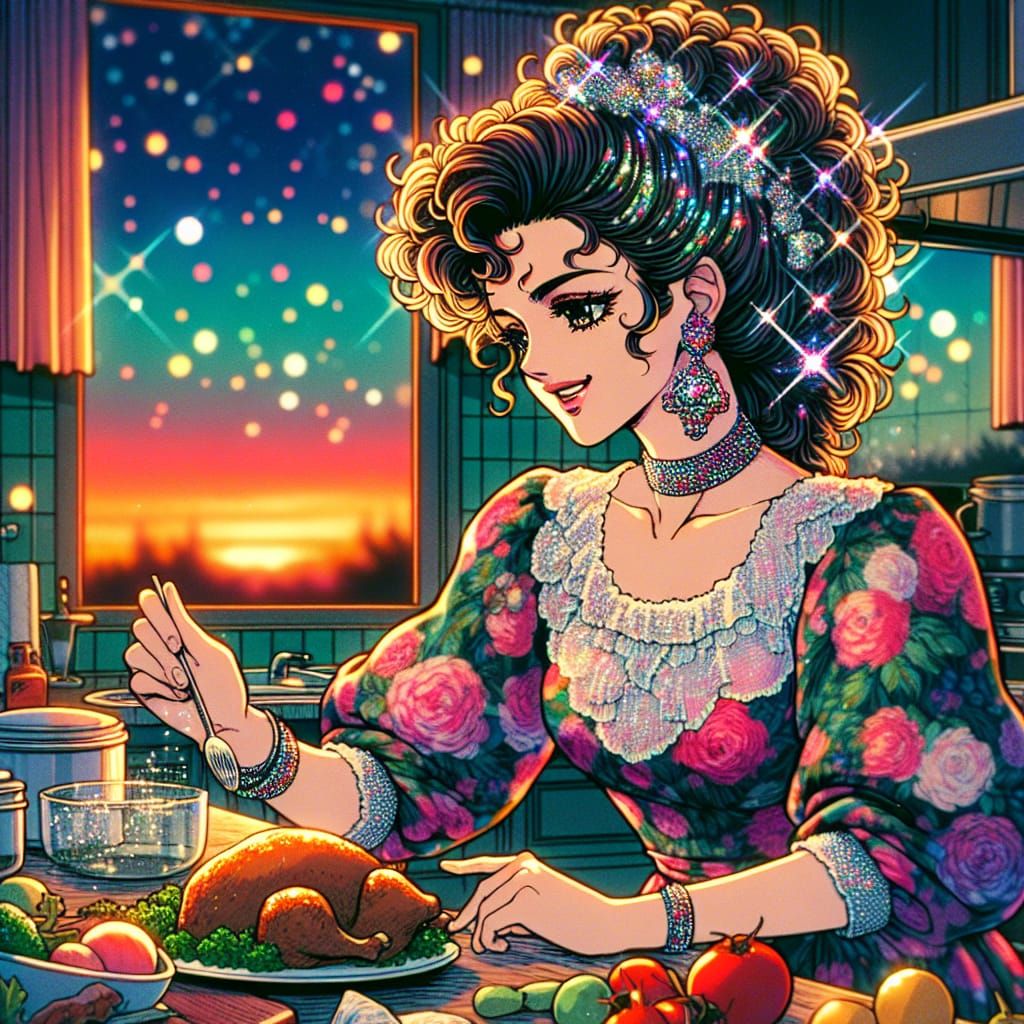 Retro Anime Italian Woman Cooking Thanksgiving Dinner