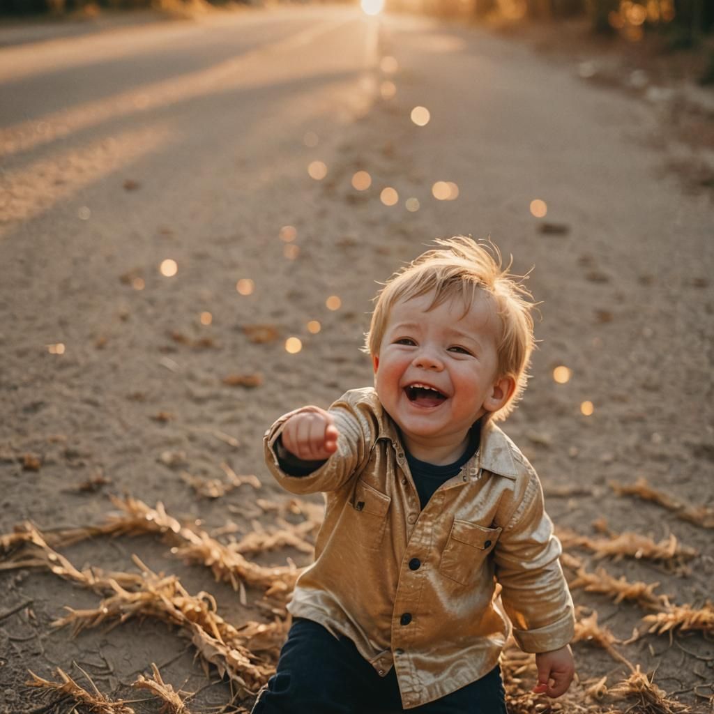 Laughing Boy Hides Eyes in Golden Hour Lighting