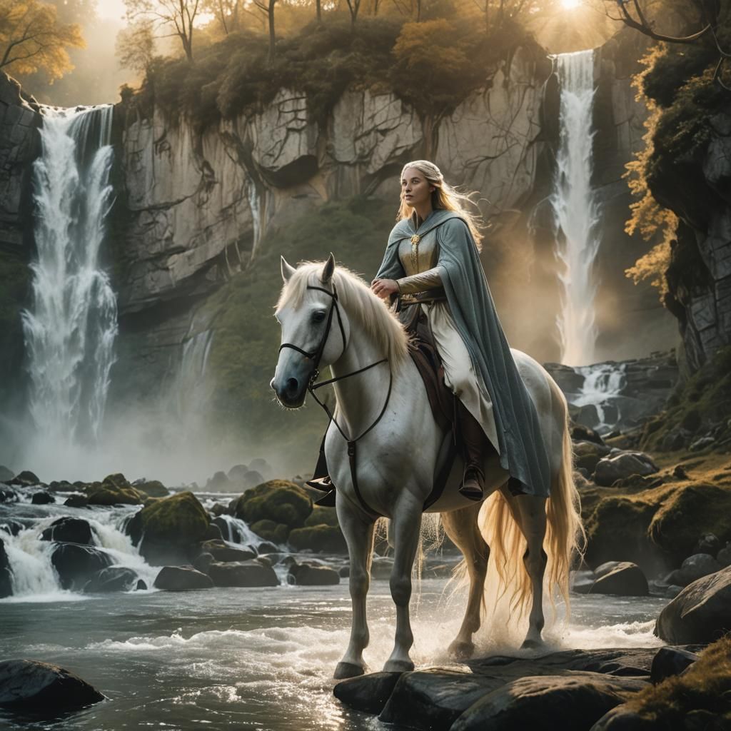 Epic Waterfall Scene with Woman on Horse