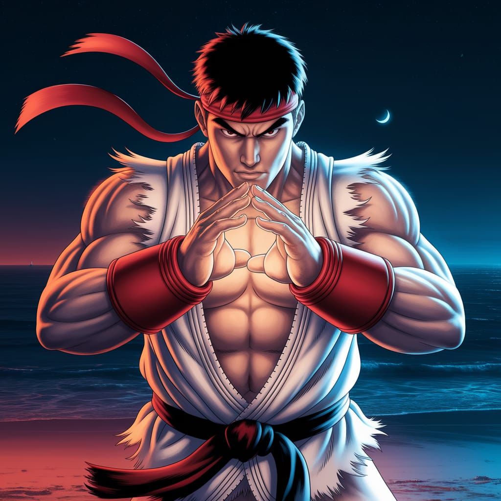 Ryu Prepares Hadouken on Night Beach in 8K