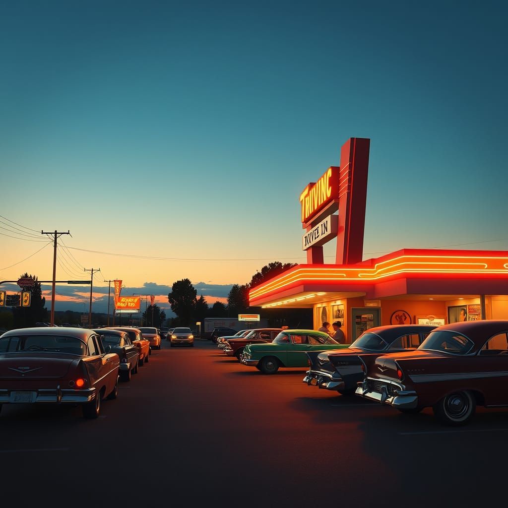 Twilight Drive-In with Vintage Cars, in Retro-Futuristic Sty...