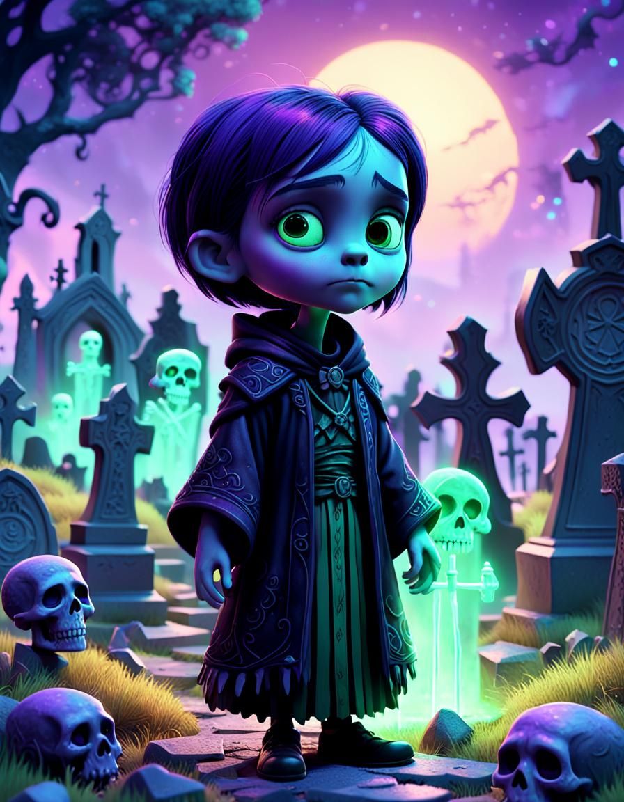 Cute Necromancer in Graveyard, Pixar-Inspired 3D Art