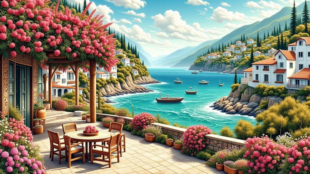 Mediterranean Terrace with Bougainvillea and Sea View