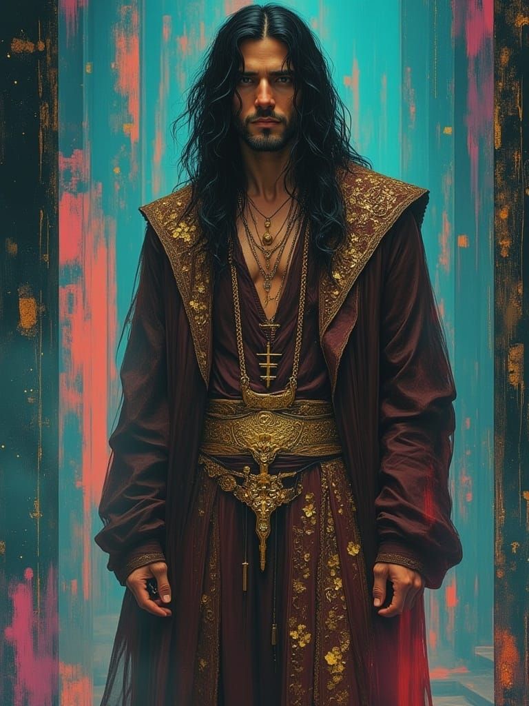 Mystical Man in Temple: Post-Impressionist Dieselpunk Art