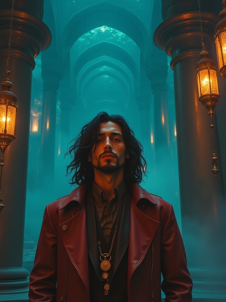 Crimson-clad Man in Ancient Temple, Post-Impressionist Style