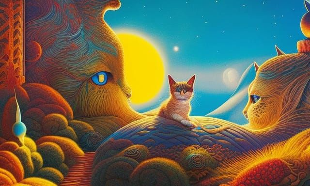 Surreal Dreamscape: Woman Sleeping with Cats