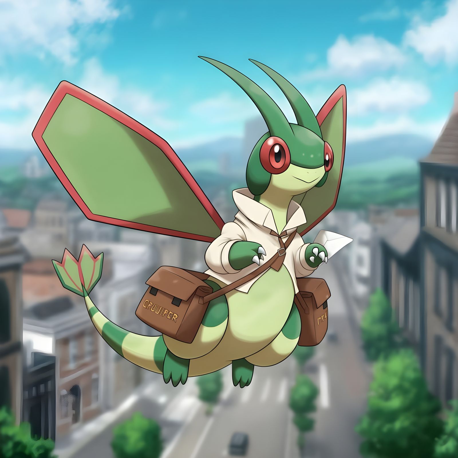 Flygon in Courier Outfit Soars Over City
