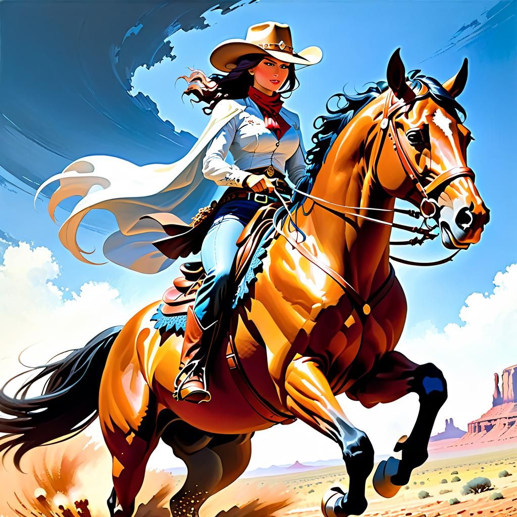 Cowgirl on Horse: Impasto Painting in Moebius Style
