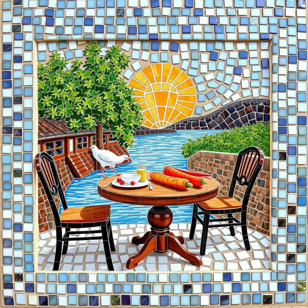Mosaic Art Featuring River, Table, and Carrots