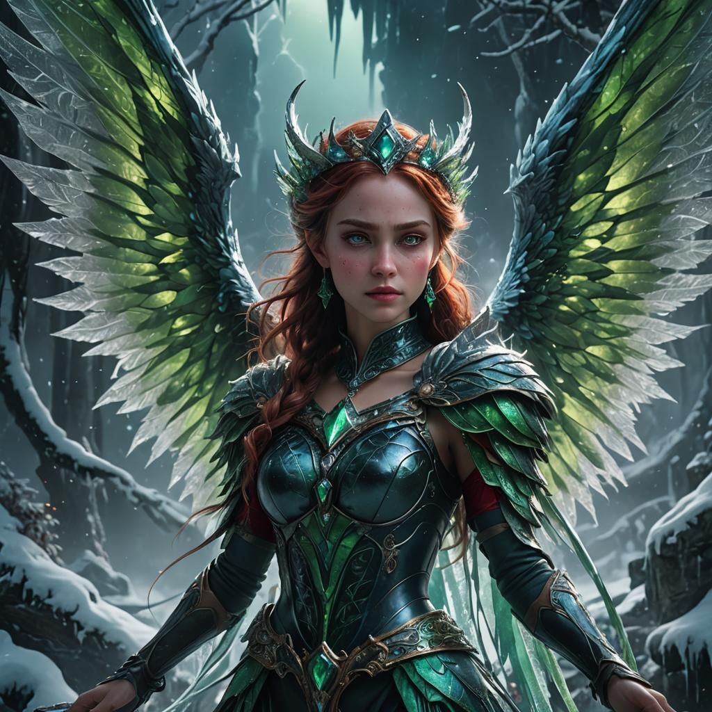 Demonic Ice Princess with Green Wings, Digital Art