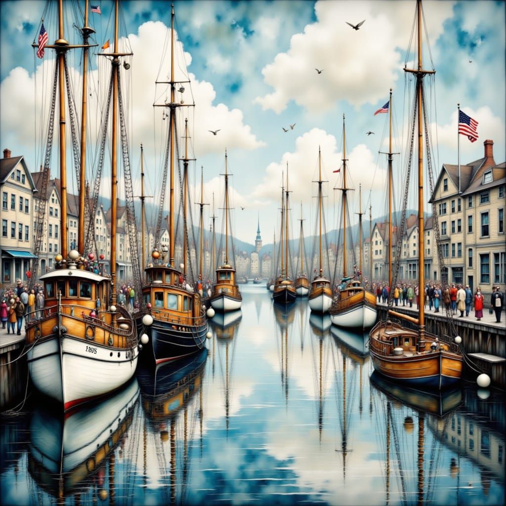 Surreal New England Harbor Scene in a Dreamlike Cyberpunk Ae...