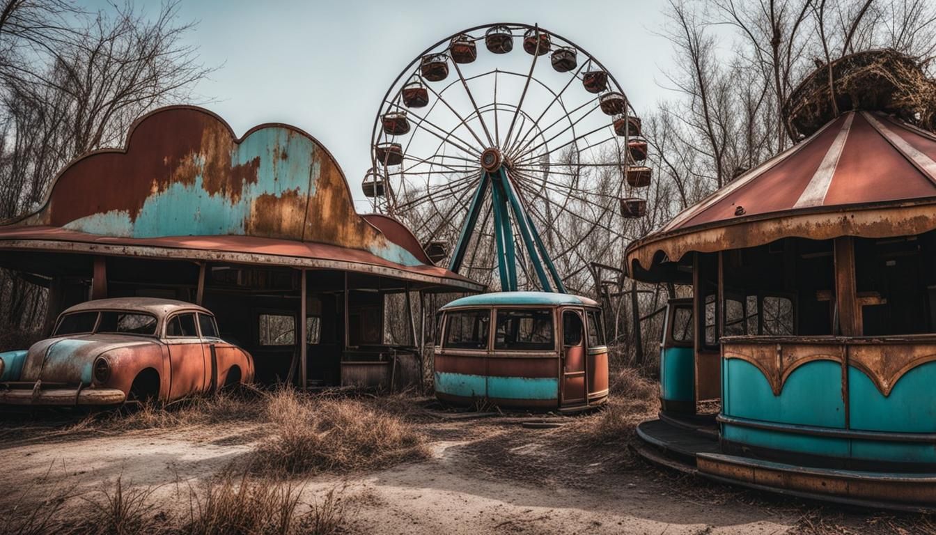 Abandoned Amusement Park with Rusted Ferris Wheel