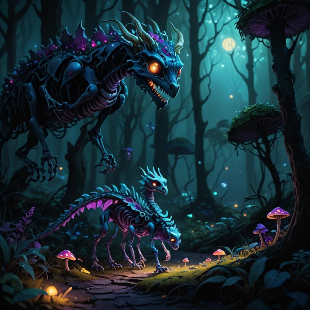 Cute Skeleton Dragon Walks in Dark Forest