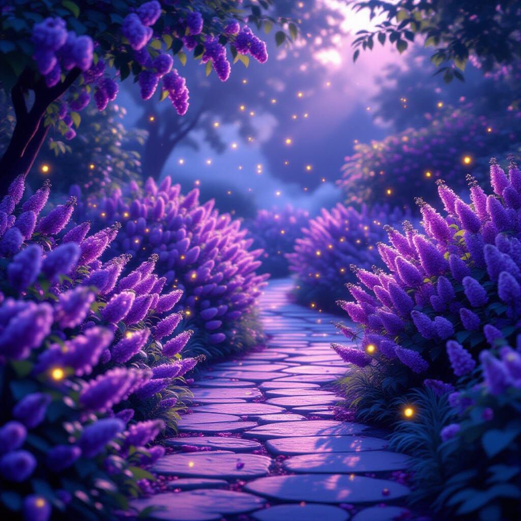 Serene Garden in Purple Mist with Lilac Flowers and Fireflie...
