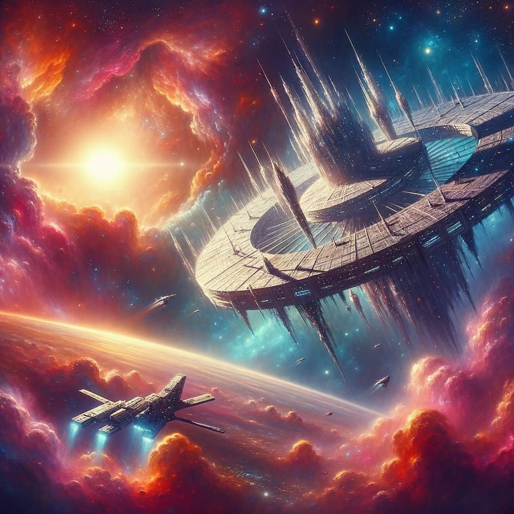 Crystalline Space Station Amidst Cosmic Cloud