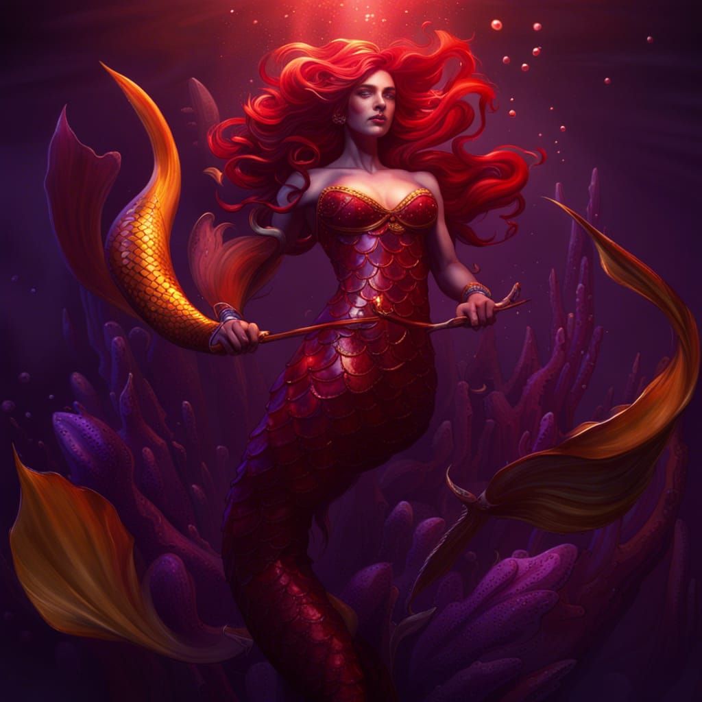 Elegant Red Mermaid in Dark Fantasy Style