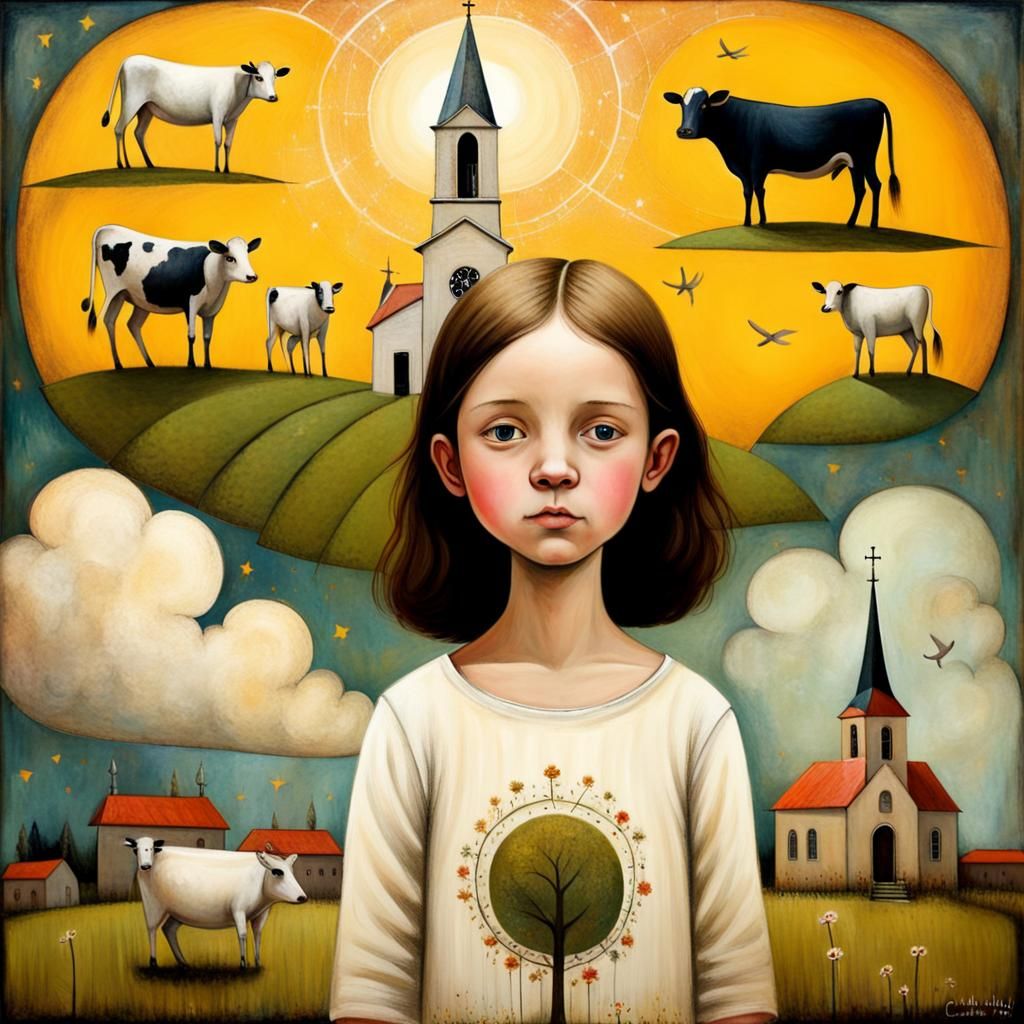 Girl Watches Flying Cow in Art Brut Dreamscape