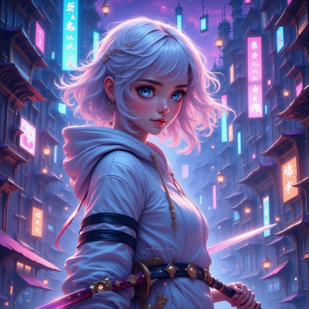 Cyberpunk Girl with Katana in Neon Cityscape