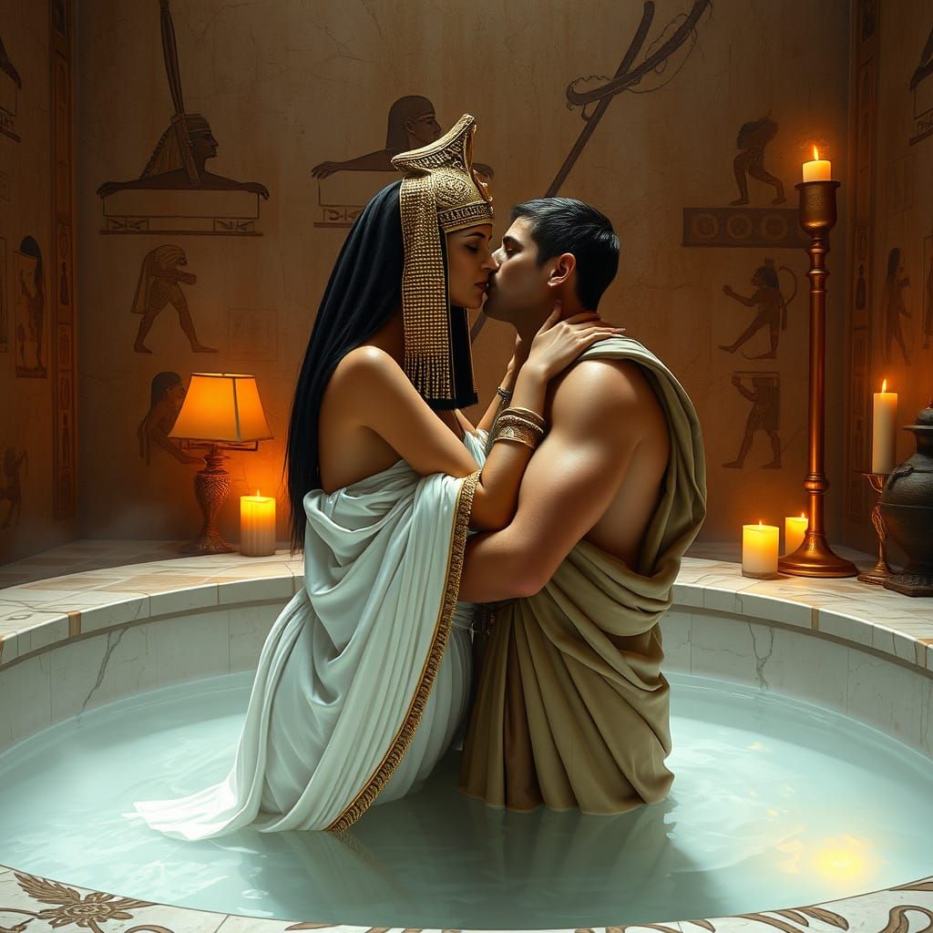 Egyptian Queen and Roman Soldier Kiss in Bath