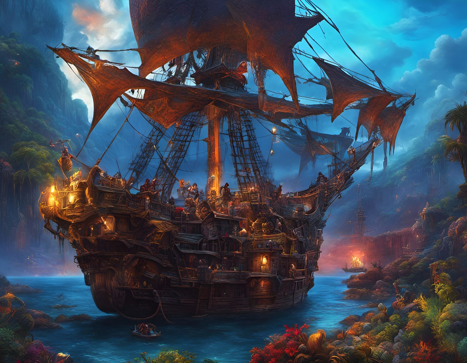 Colorful Pirate Hideout on Skull Island in Dark Fantasy Styl...
