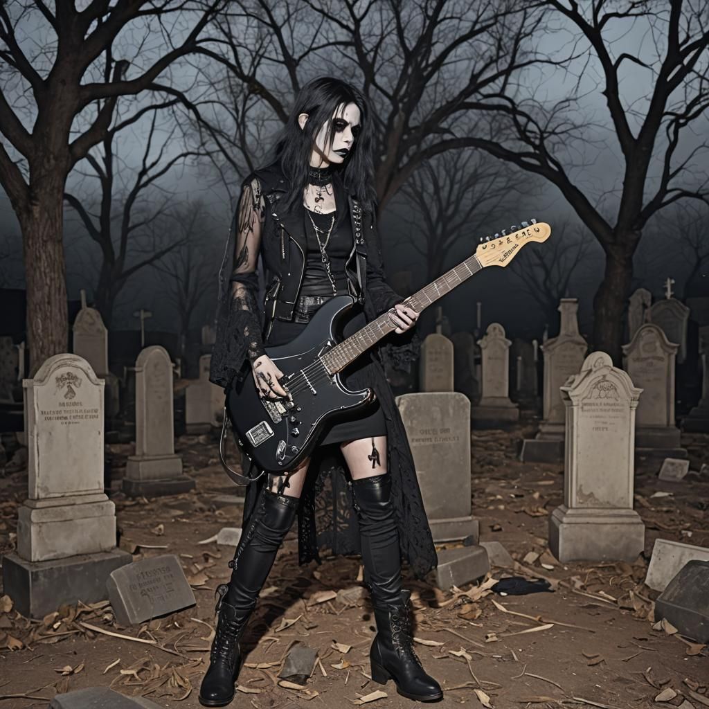 Gothic Glam Rocker in Graveyard with Stratocaster