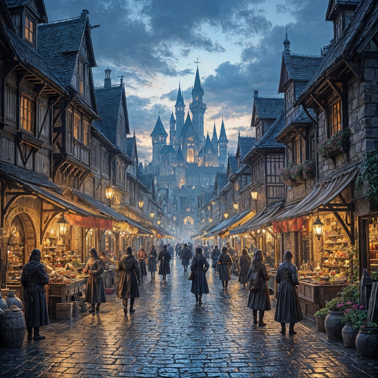 Medieval Marketplace at Twilight Oil Painting