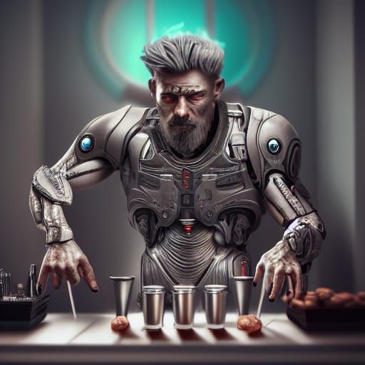 Cyborg Bartender in Detailed Matte Painting
